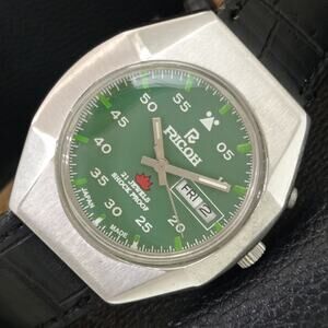 Vintage 1990 Ricoh Automatic Mens Silver Watch W/daydate & Red accents